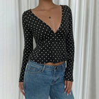 Women's Retro Polka Dot V-Neck Long Sleeve Top