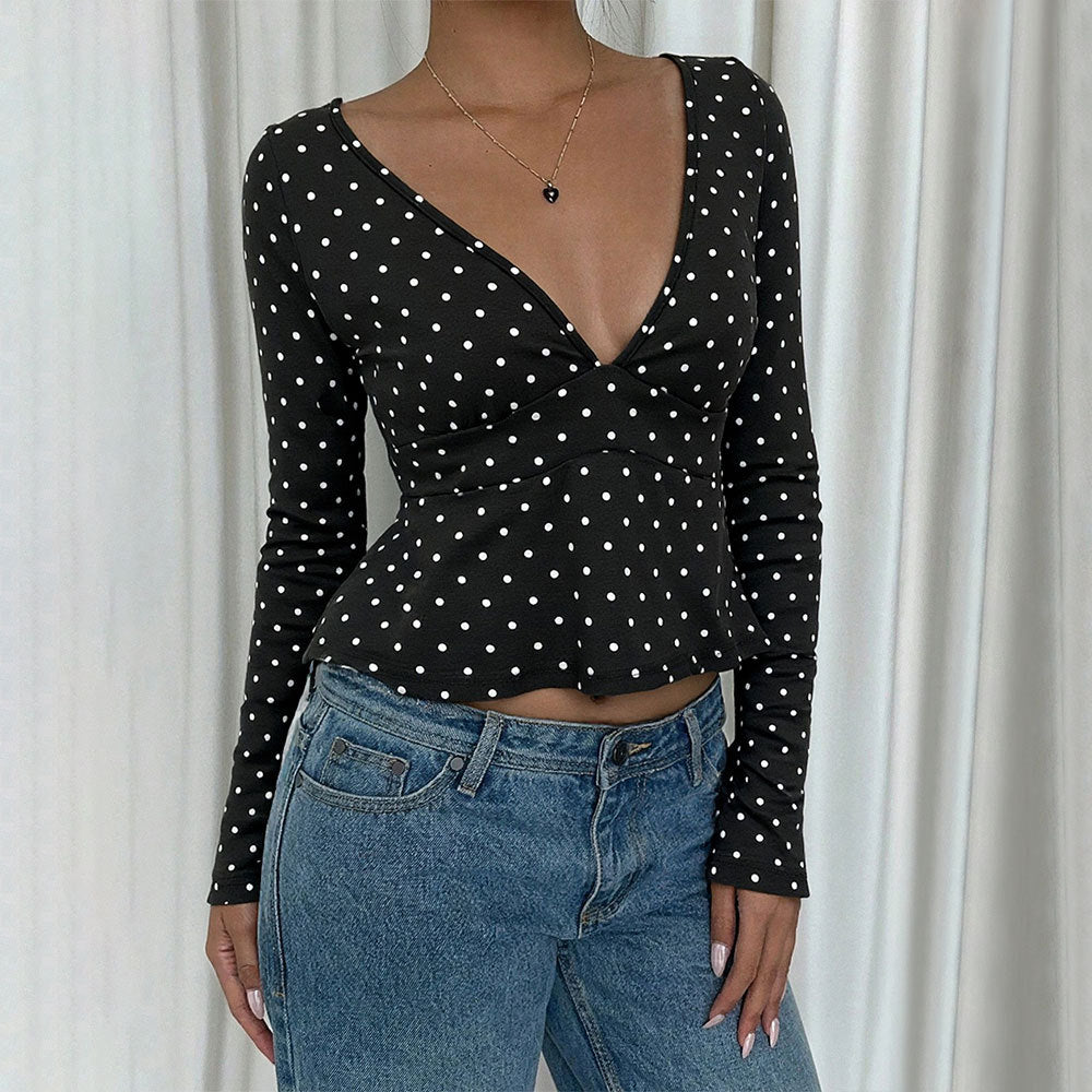 Women's Retro Polka Dot V-Neck Long Sleeve Top