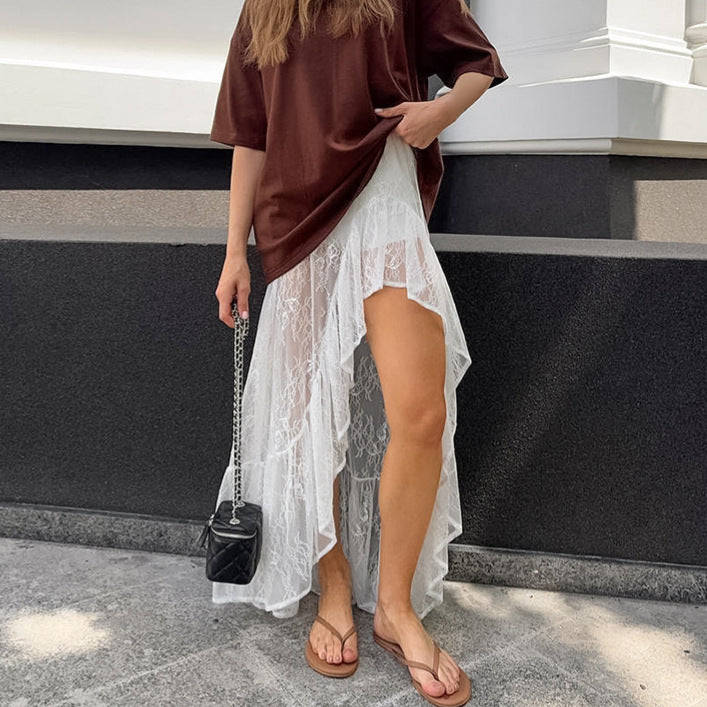 Split Ruffled Irregular Asymmetric Sweet Lace See Skirt