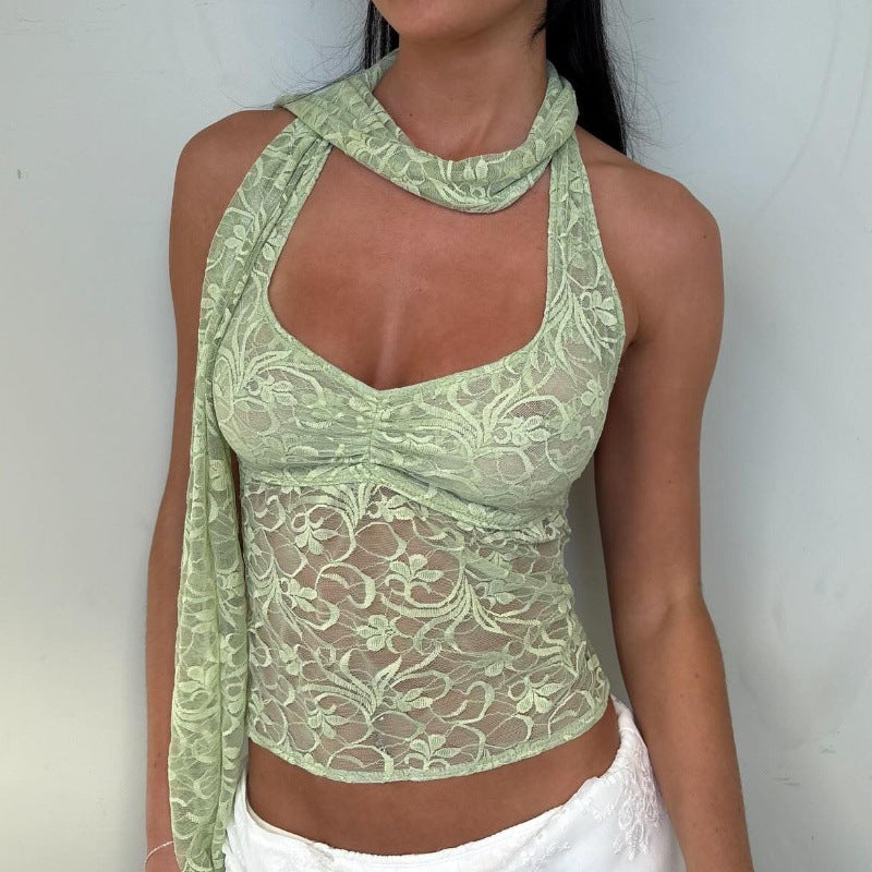 Lace See Through Decorative Ribbon Short Halterneck Vest Top