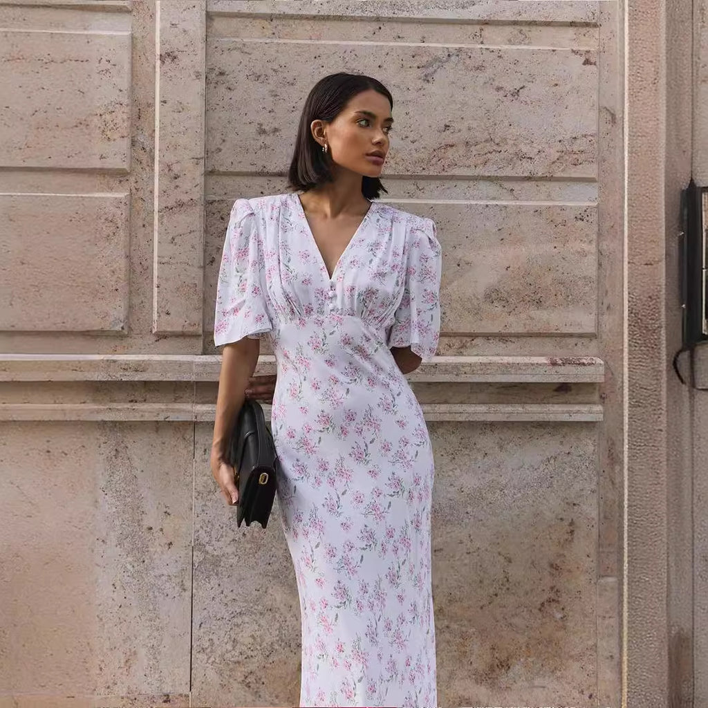 Floral V-Neck Half-Sleeve A-Line Maxi Dress