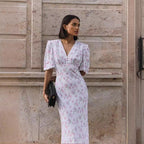 Floral V-Neck Half-Sleeve A-Line Maxi Dress