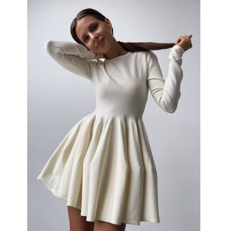 Crew-Neck Long-Sleeve Knit A-Line Mini Dress