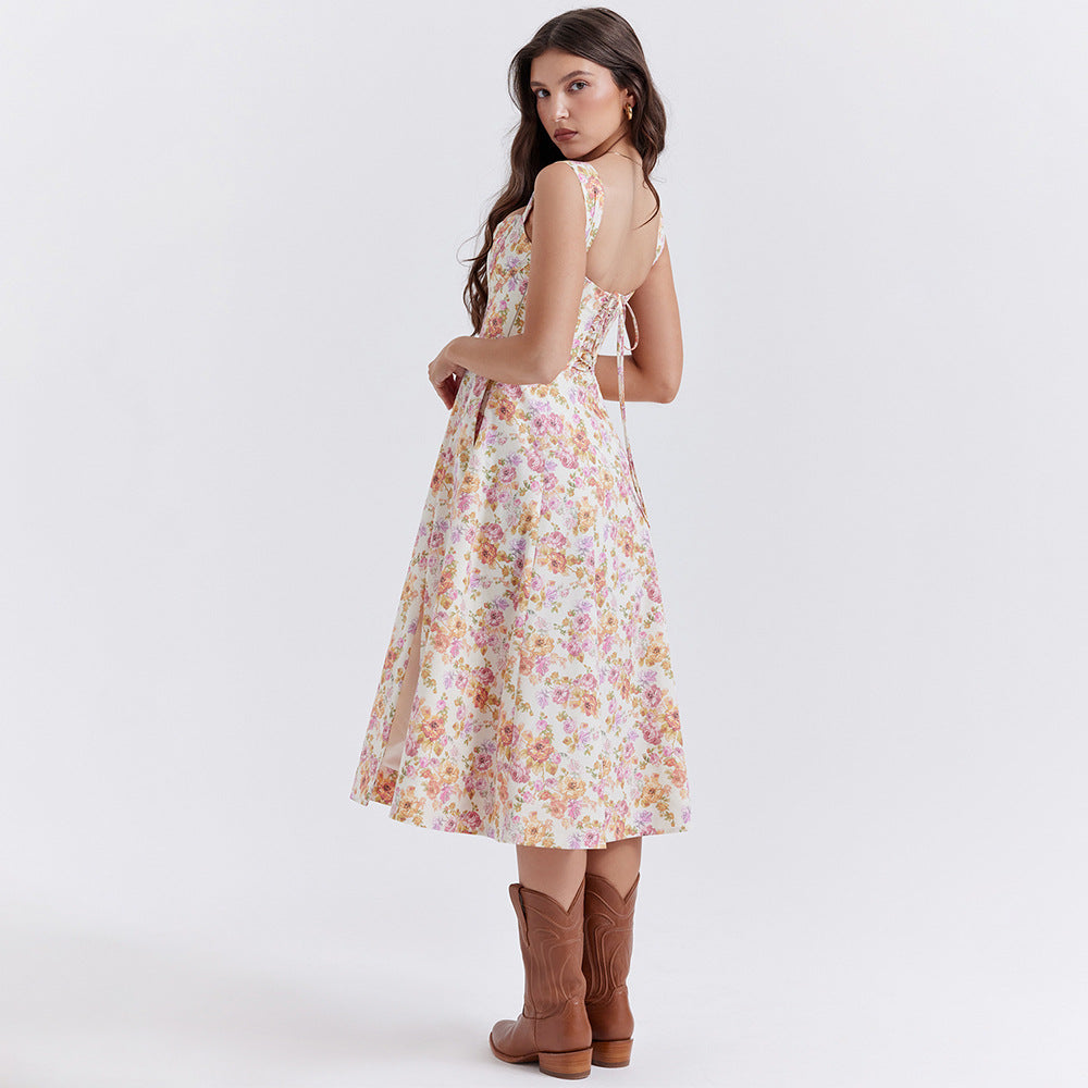 's Boning Corset Cami Dress Backless Slit Midi Floral Dress