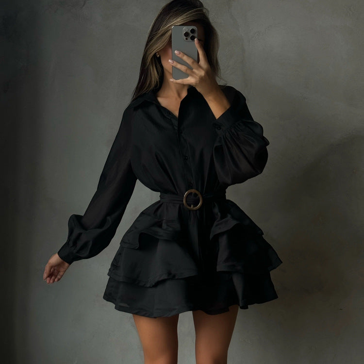 Black Polo-Collar Long-Sleeve Dress
