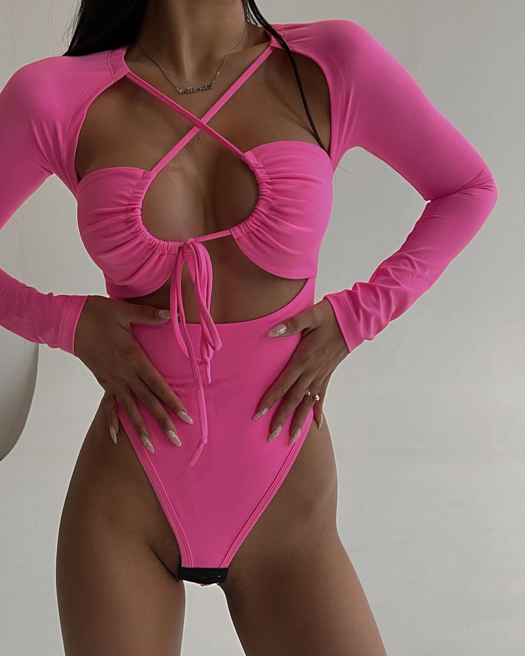 Cutout Ruched V Neck Long Sleeve Jumpsuit