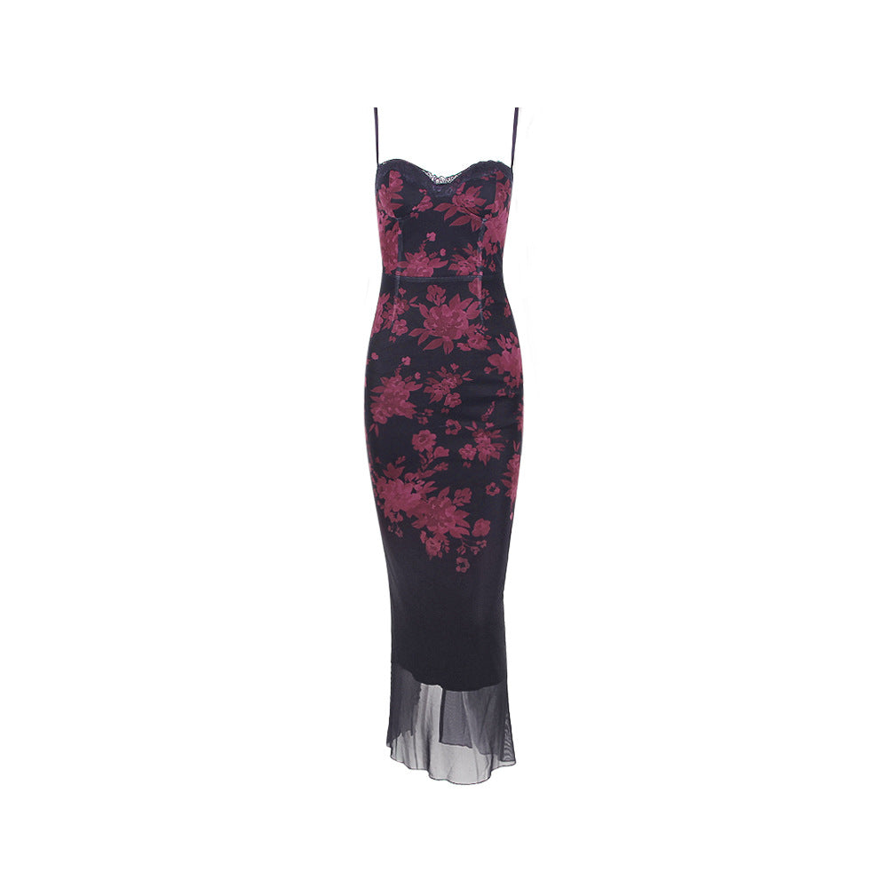 Printing Slip Dress Slim Fit Backless Sheath Fishtail