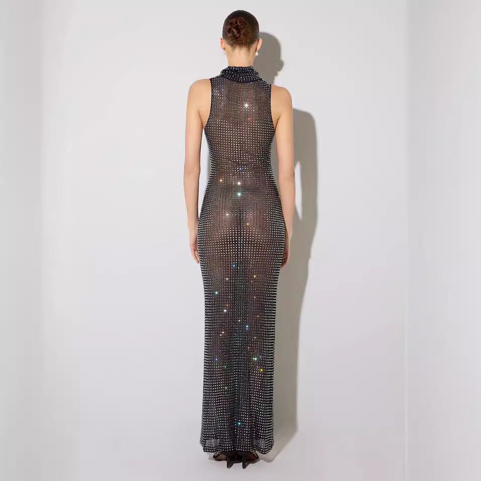 Women's Summer Sexy Sheer Cutout Maxi Dress Mesh Rhinestone Sleeveless Maxi Dress Women