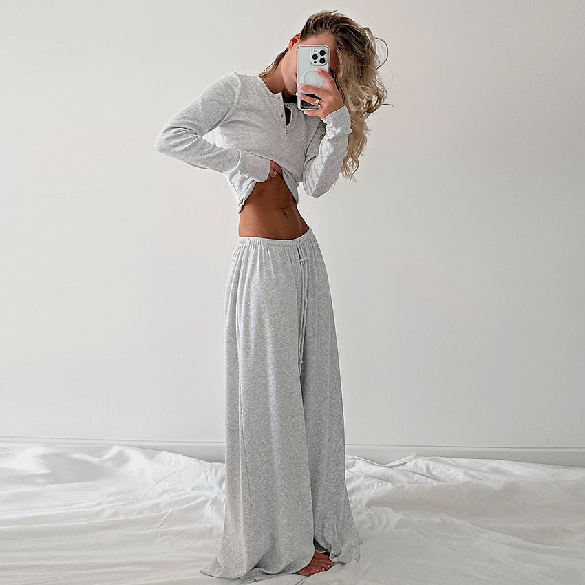 Women's Autumn Solid Color Pajamas Home Wear Polyester Cotton Knitted Sunken Stripe Long Sleeve Loose Wide Leg Pants Set