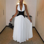 Halter V Neck Stitching Color Matching Waist Maxi Dress