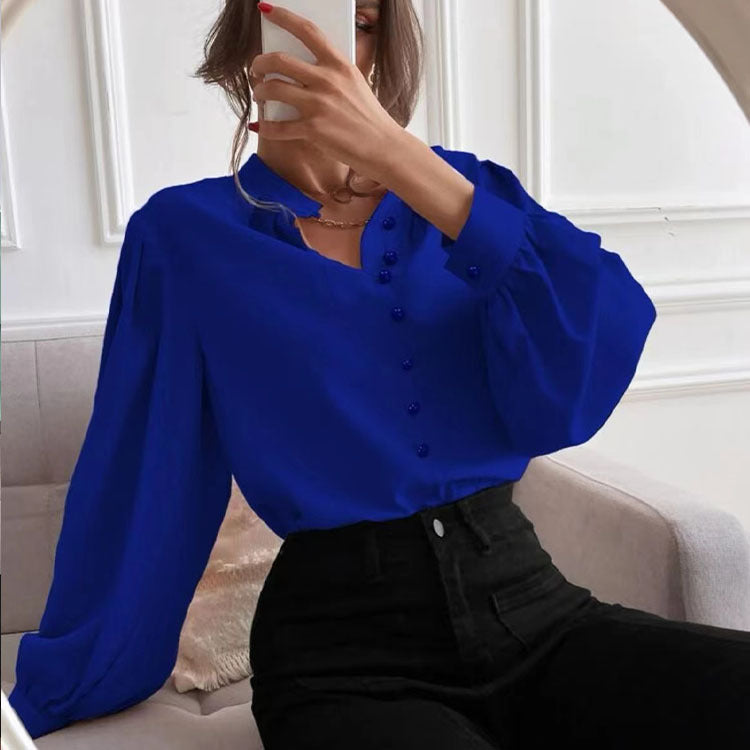 Women's Shirt Autumn Elegant Solid Color Collared Long Sleeve Single Row Button Loose Women Top