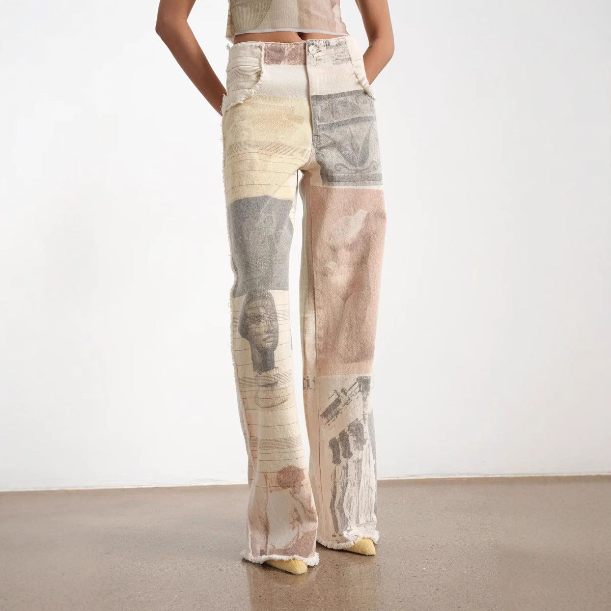 Retro Loose Print Wide Leg Straight Mop Denim Pants