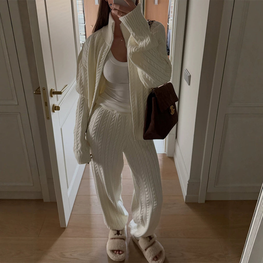 Women's Fall Winter Women Casual Cable Knit Turtleneck Zip Up Sweater Pants Two Piece Set