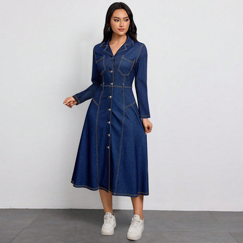 Collared Long-Sleeve Denim A-Line Maxi Dress