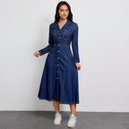 Collared Long-Sleeve Denim A-Line Maxi Dress