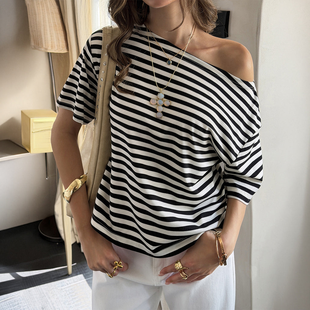 Sexy Striped Oblique Shoulder Tops T shirt Women Spring Summer