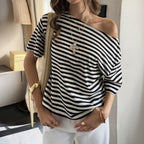 Sexy Striped Oblique Shoulder Tops T shirt Women Spring Summer