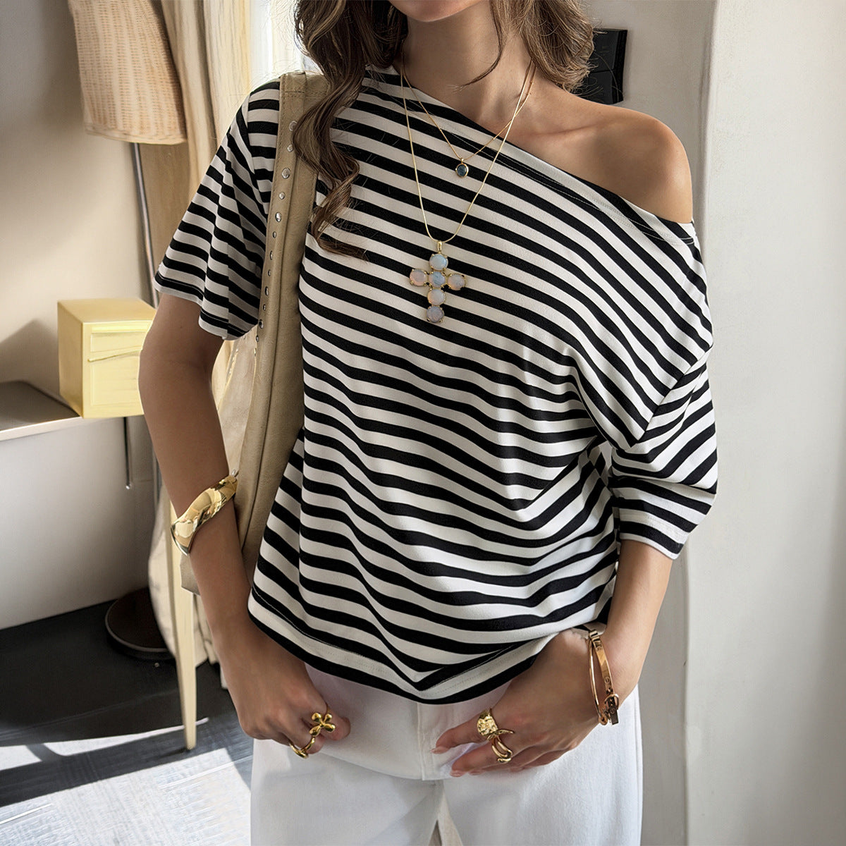 Sexy Striped Oblique Shoulder Tops T shirt Women Spring Summer