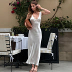 Women's White Satin V-Neck Ruched Midi Dress