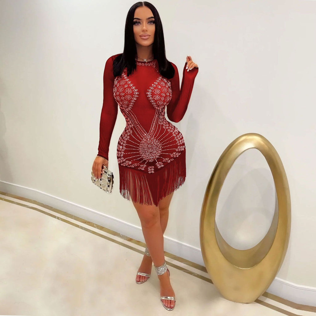 Women's Rhinestone Fringe Long Sleeve Party Dress