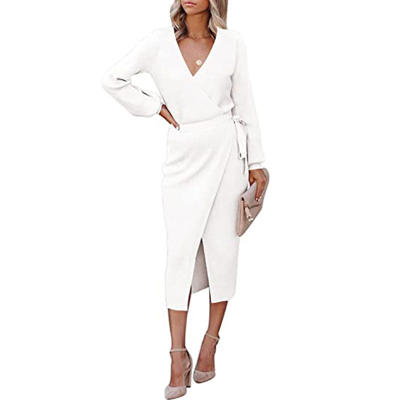 Women's Autumn Winter Women Clothing Maxi Dress Elegant Graceful V-Neck Knitted Dress