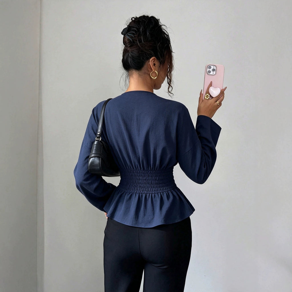 Women's V-Neck Ruched Long Sleeve Top