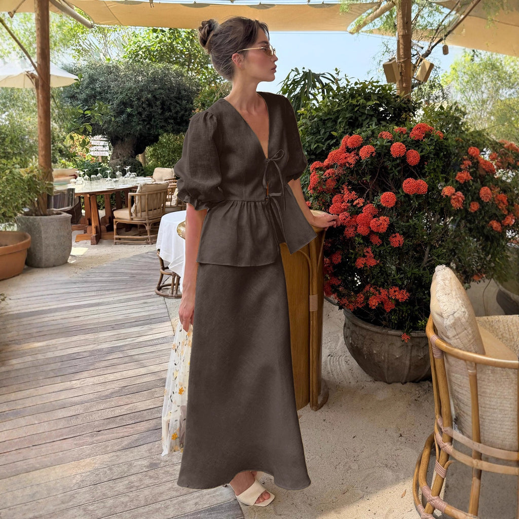 Women's Ruffled V-Neck Short-Sleeve Two-Piece Skirt Set