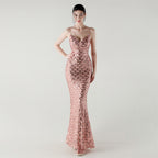 Suspender Deep V Plunge Neck Scale Sequin Formal Cocktail Dress