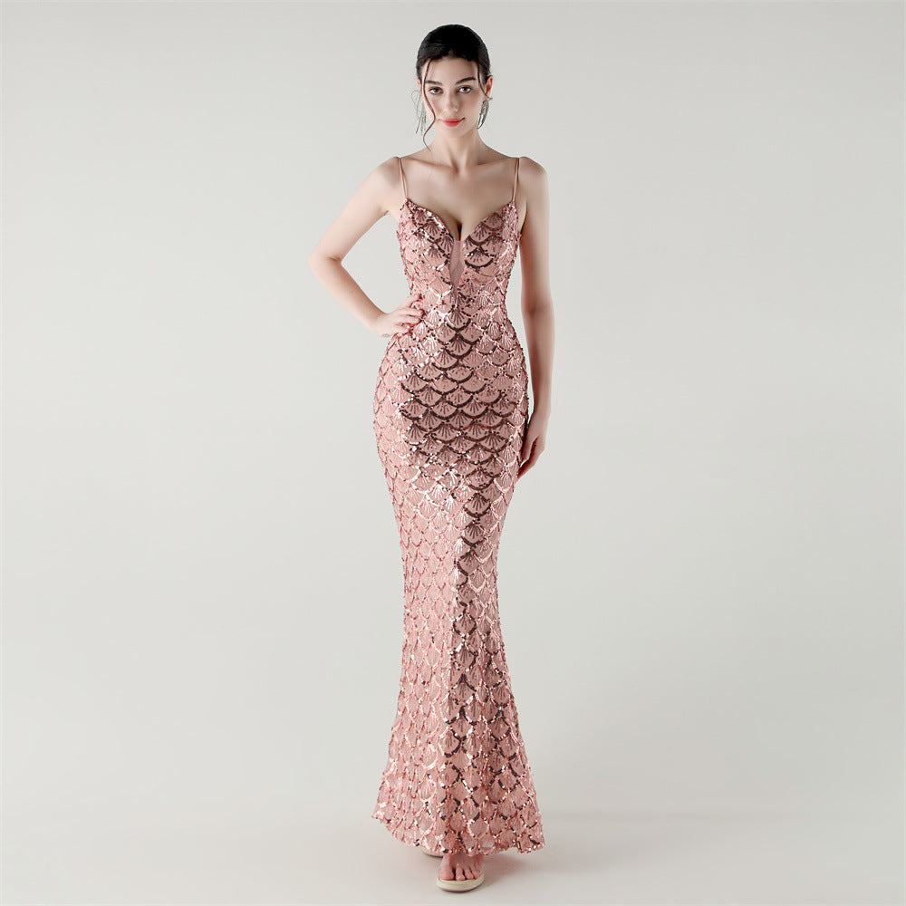 Suspender Deep V Plunge Neck Scale Sequin Formal Cocktail Dress
