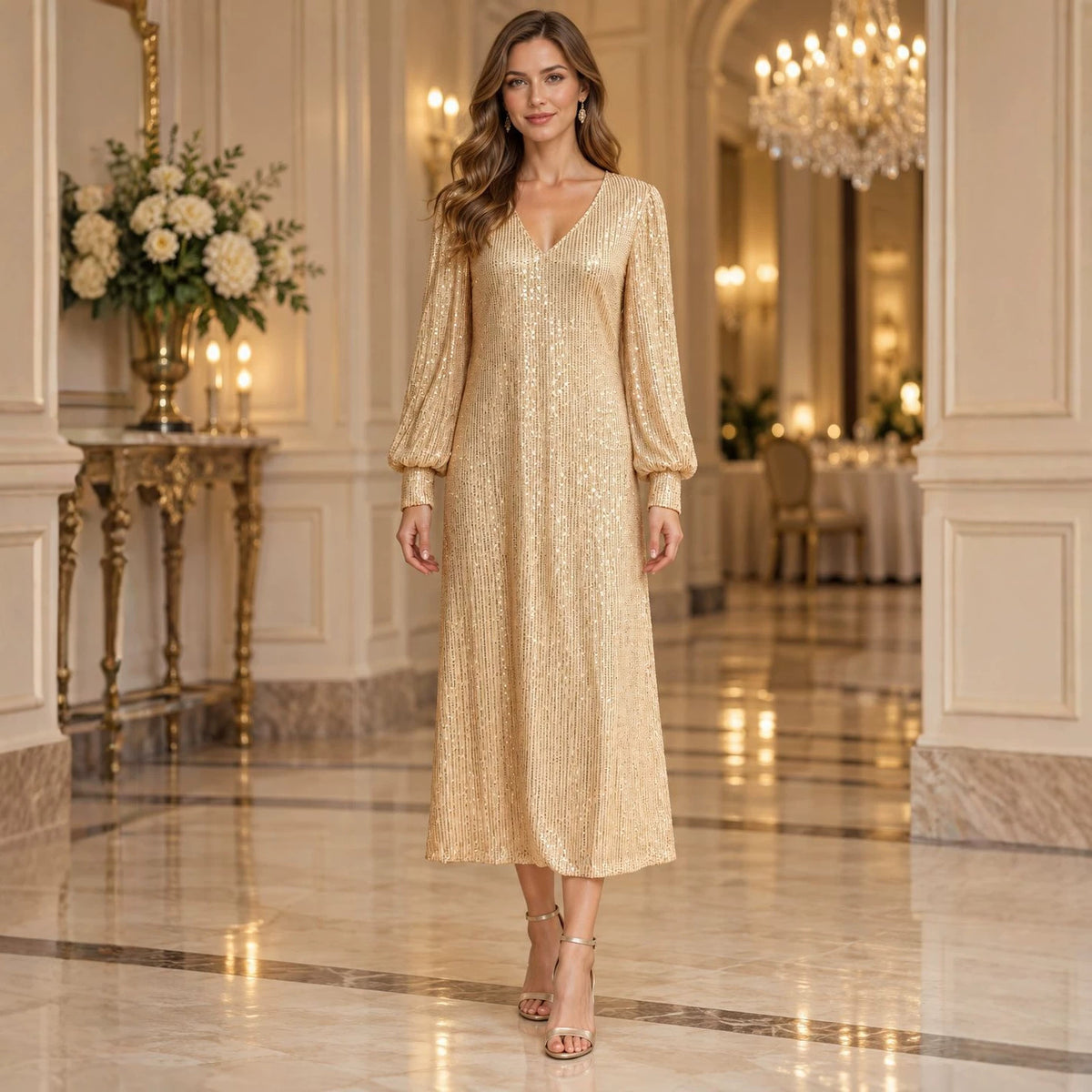 Women's Clothes Lantern Sleeve Loose Sequ Dress
