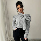 Striped Bow Tie-Neck Blouse for Women