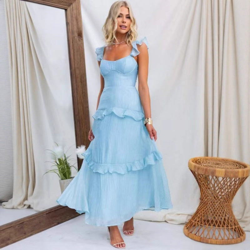 Women's Summer Women Clothing Solid Color Elegant Graceful Ruffled Dress