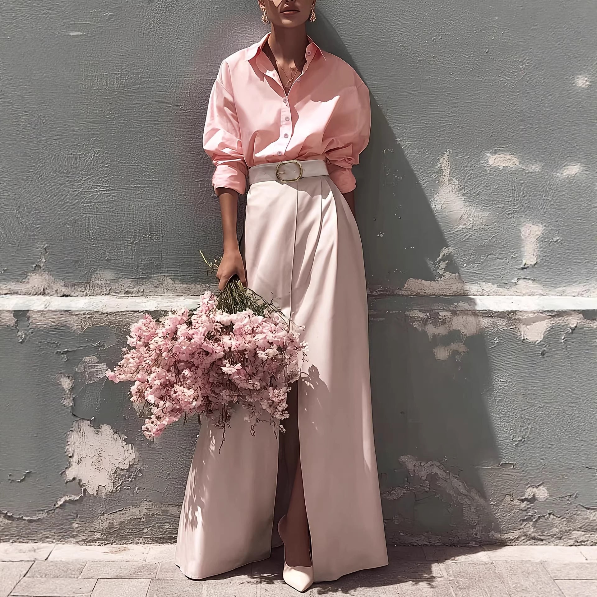 Women Pink Two Piece Set Loose Shirt High Slit Skirt