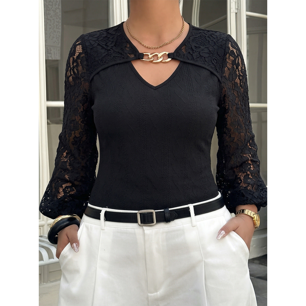 Women's V-Neck Chain-Detail Knit Sweater