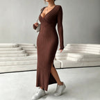 Women's Deep V-Neck Knit Split Maxi Dress