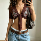 Retro Floral Print Lace V neck Lace up Short Sleeve T shirt