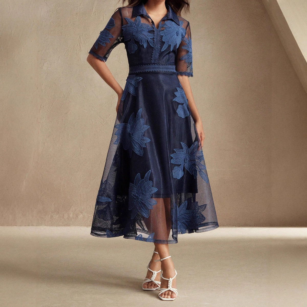 Floral Mesh-Woven High-Waist Dress