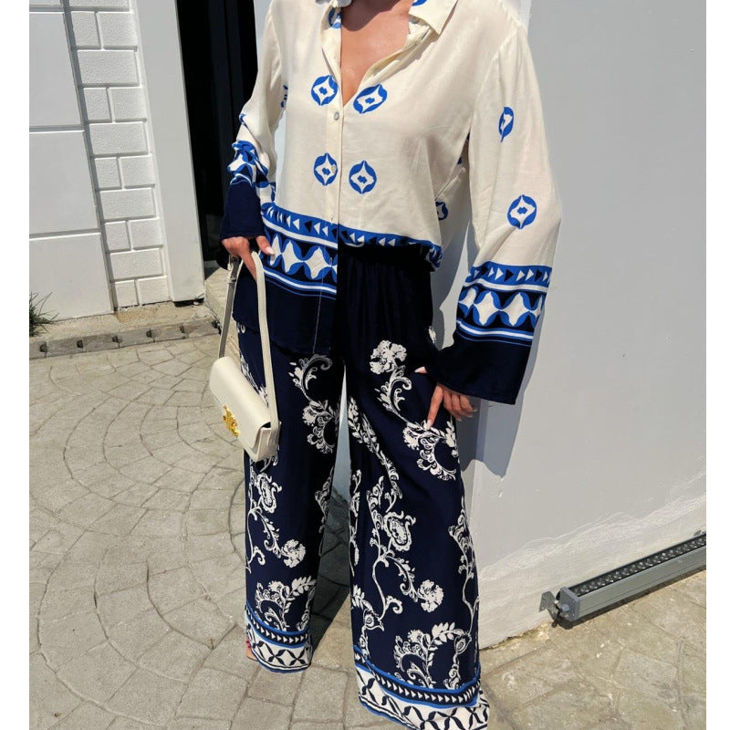 Women's Positioning Printed Loose Long Sleeves Top Wide Leg Pants Two