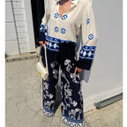 Women's Positioning Printed Loose Long Sleeves Top Wide Leg Pants Two