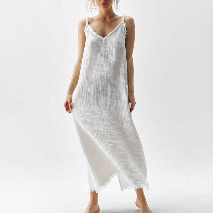 White Cotton V-Neck Split Cami Dress