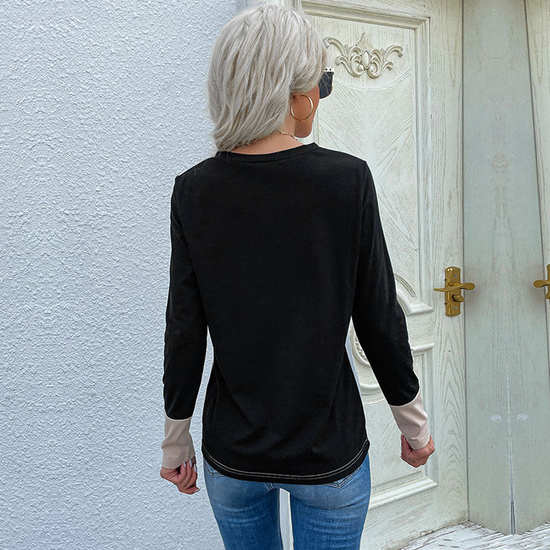 Women’s Black Color Block V Neck Long Sleeve Top
