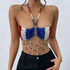 Red Blue Together Handmade Beaded Sling Holiday Music Festival Sexy Heavy Industry Exposed Cropped Outerwear Top Women