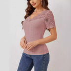 Women's Fan-Shaped Front Back V Neck Lace Stitching Slim Fit Slimming T Shirt Shor Sleeved Top For Women