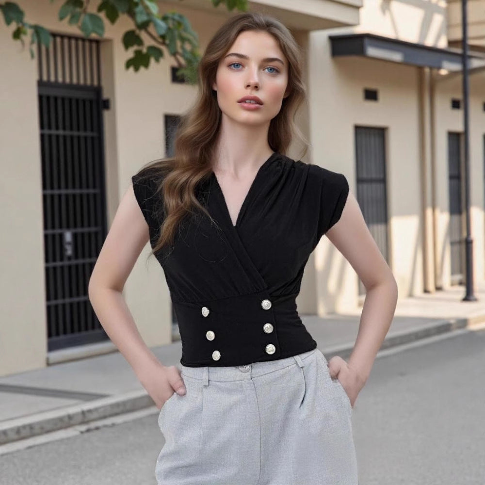 Women's Sleeveless Vest Cross Collar Double Row Pearl Buckle Top