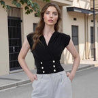 Women's Sleeveless Vest Cross Collar Double Row Pearl Buckle Top
