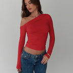 Women Clothing Summer Personality Oblique Shoulder Asymmetric Solid Color Cropped Top Women