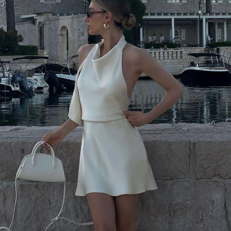 Satin Draping Dress Backless Halter Lace up