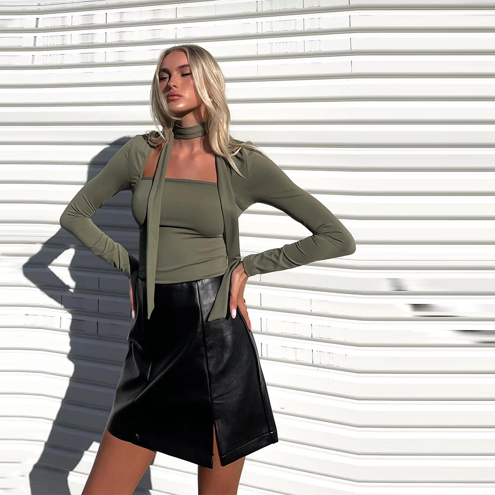 High Grade T shirt Square Collar Lace up Slim Fit Elegant Short Top