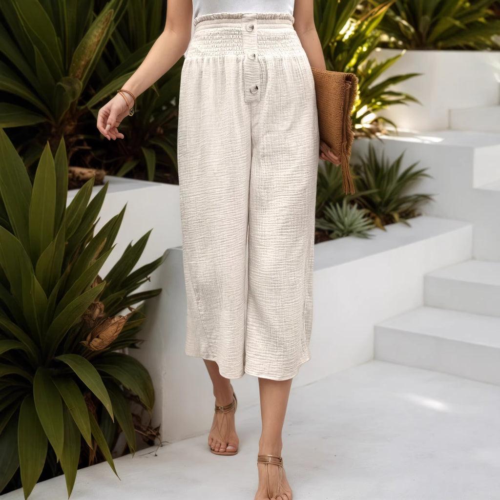 Spring Summer Women Clothing Smocking High Waist Cotton Linen Trousers Elastic Loose Elastic Casual Wide Leg Pants for Women