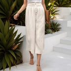 Spring Summer Women Clothing Smocking High Waist Cotton Linen Trousers Elastic Loose Elastic Casual Wide Leg Pants for Women